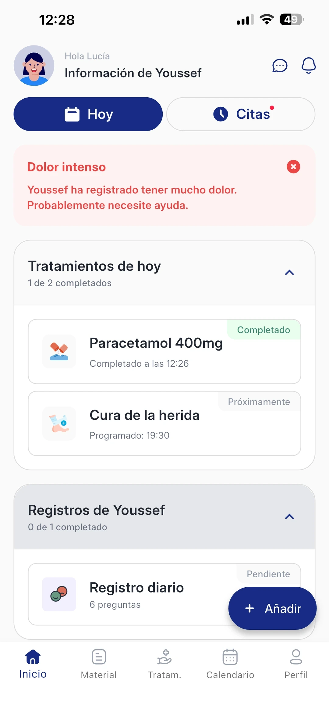 Digital SPA + caregiver screen with the patient’s latest pain check-in