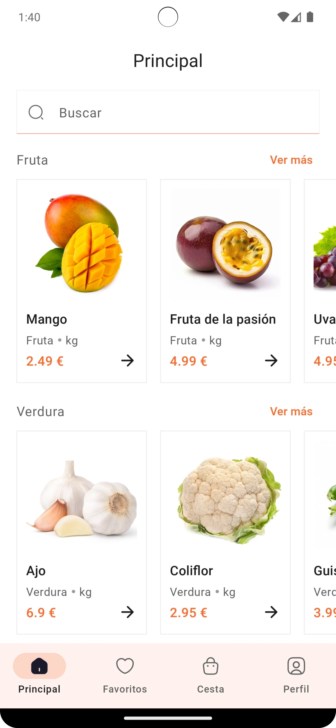 Hortet storefront showing the fresh-produce catalogue and basket