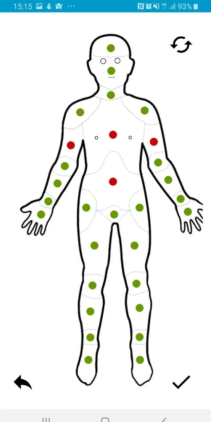 Painometer entry screen showing the pain-level scale and body region selector