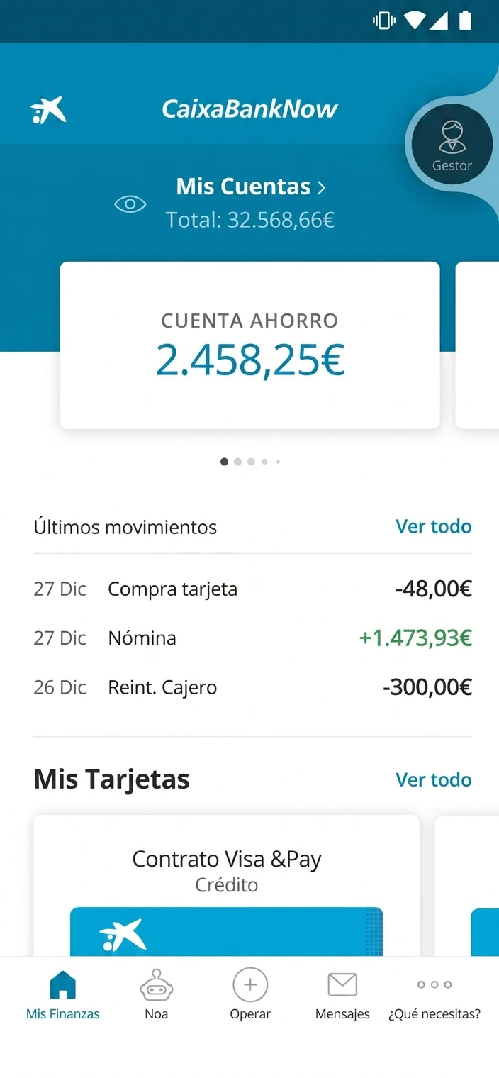 Caixabank Now banking app — home screen showing account balance and recent transactions
